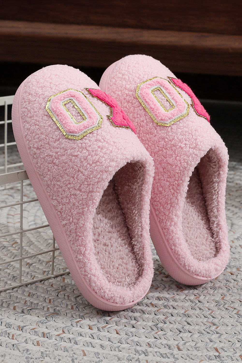 White XO XO Glitter Trim Letter Patched Plush House Slippers
