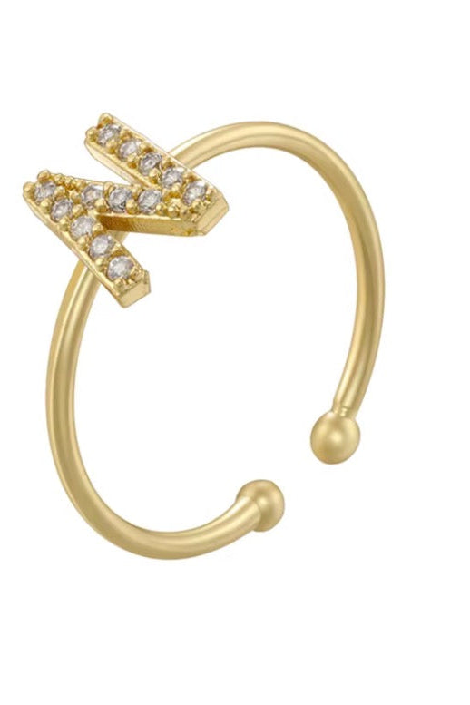 Letter Initial Micro Zirconia Gold Adjustable Ring