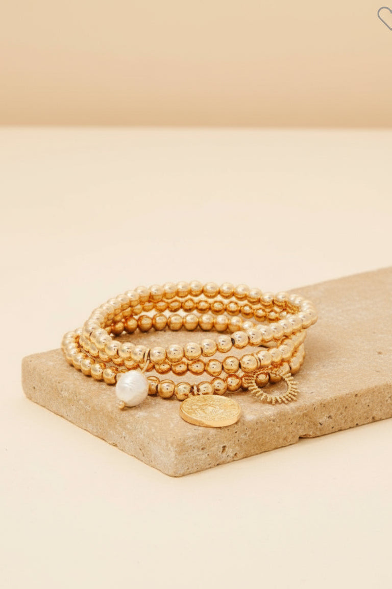 Coin, Pearl & Sun Gold Charm Beaded Bracelet