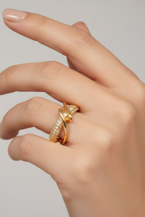 Mod Sky Wrapped Knot Double Pave Row Open Band Silver or Gold Ring