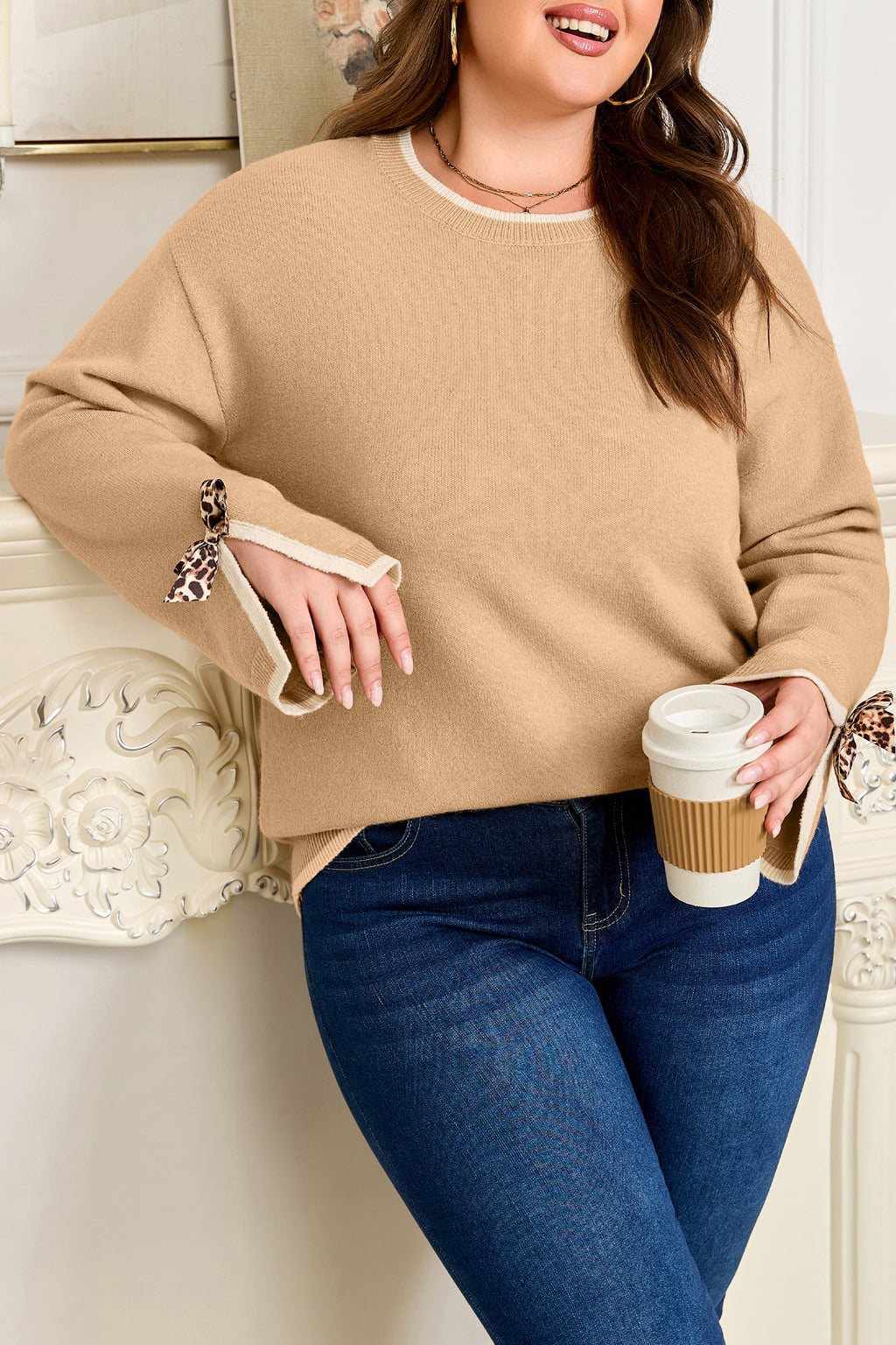 Tan Plus Size Leopard Bow Decor Split Cuffs Loose Sweater