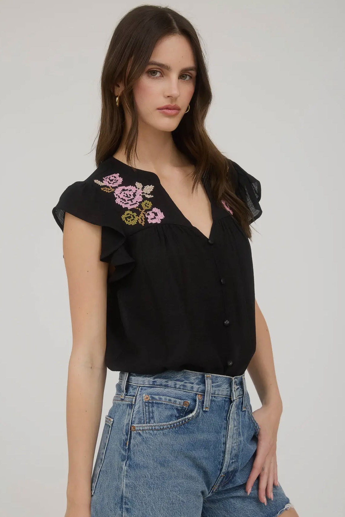 Mine Black with Pink Floral Embroidery V Neck Blouse
