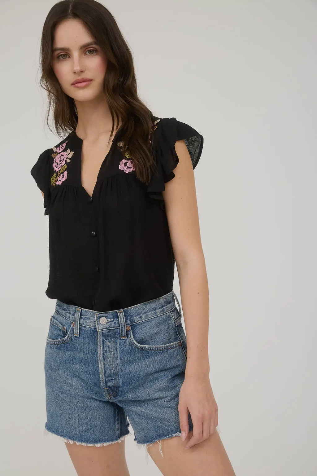 Mine Black with Pink Floral Embroidery V Neck Blouse