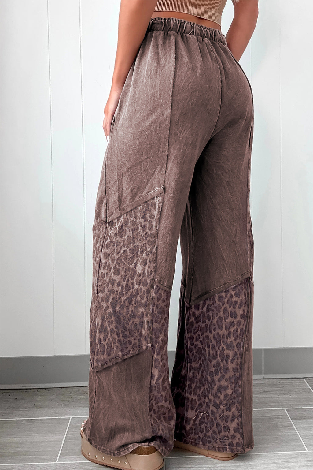 Coffee or Dark Grey Mineral Wash Leopard Patchwork Loose Pants