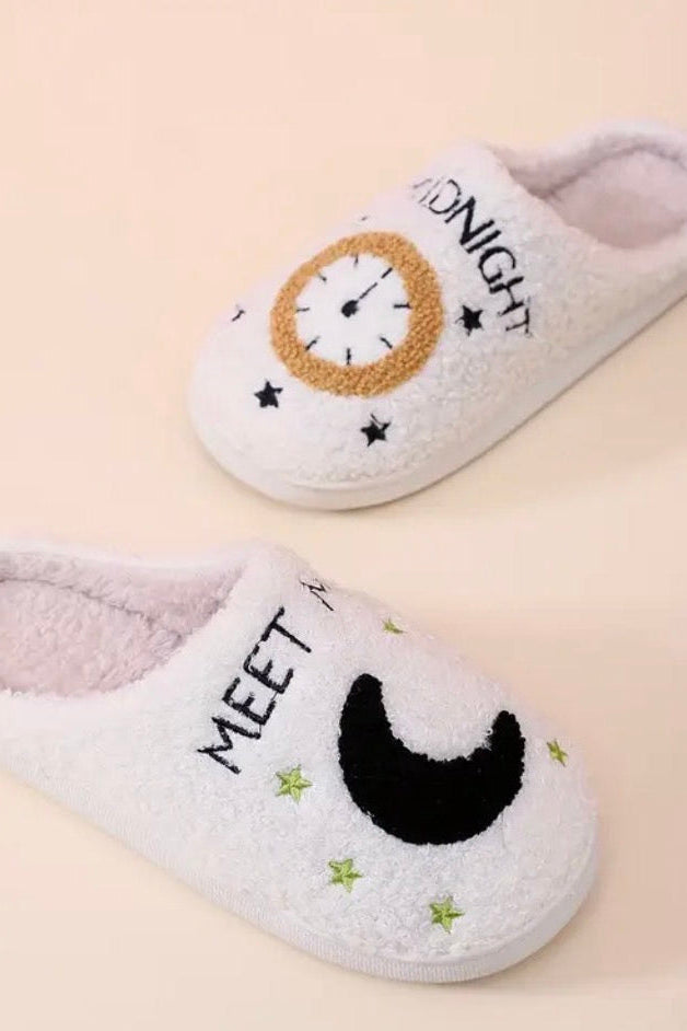 Meet Me at Midnight Clock & Moon Plush Women's Slippers