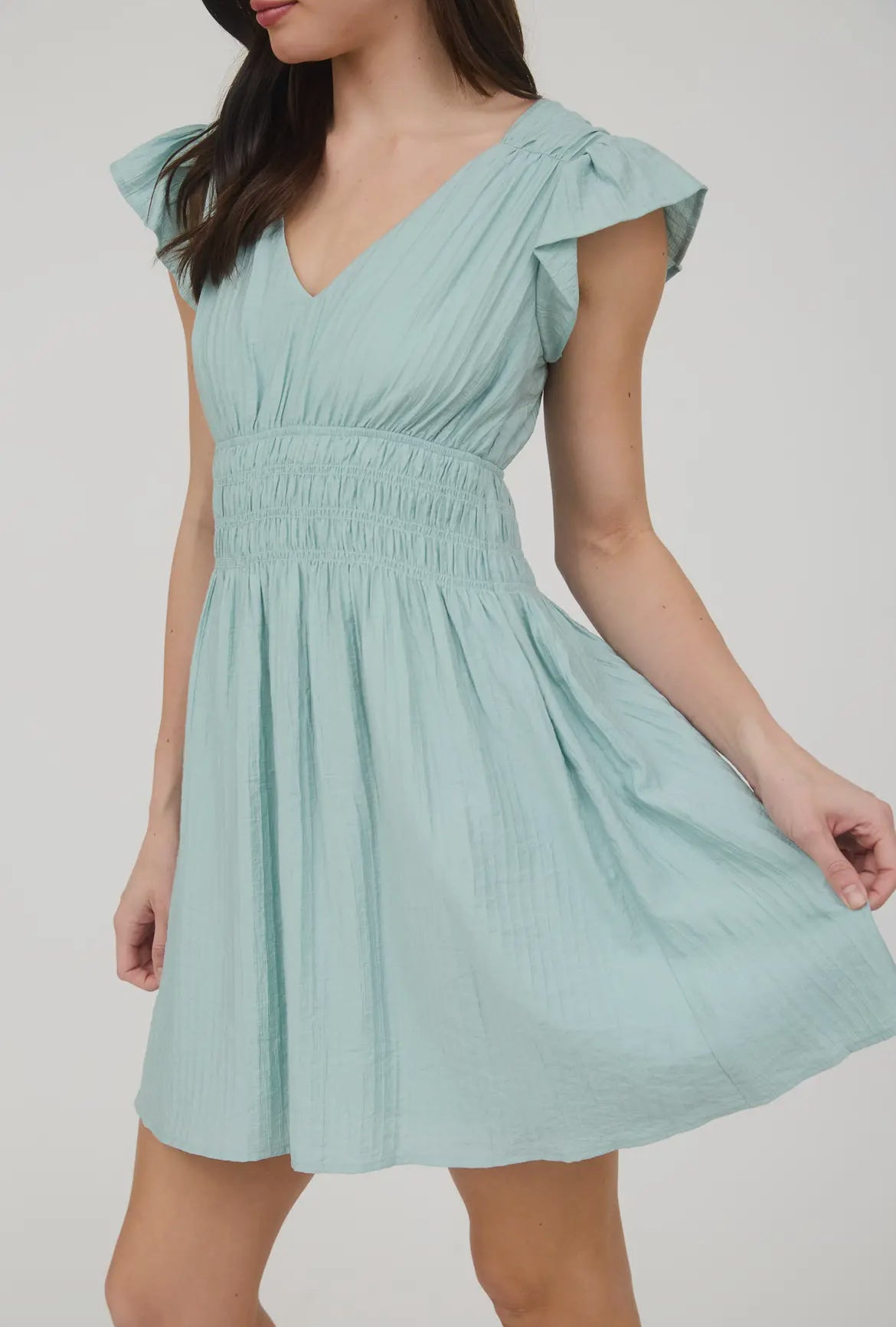 Blu Pepper Shirred Waist Ruffled Sleeve Dusty Mint Mini Dress