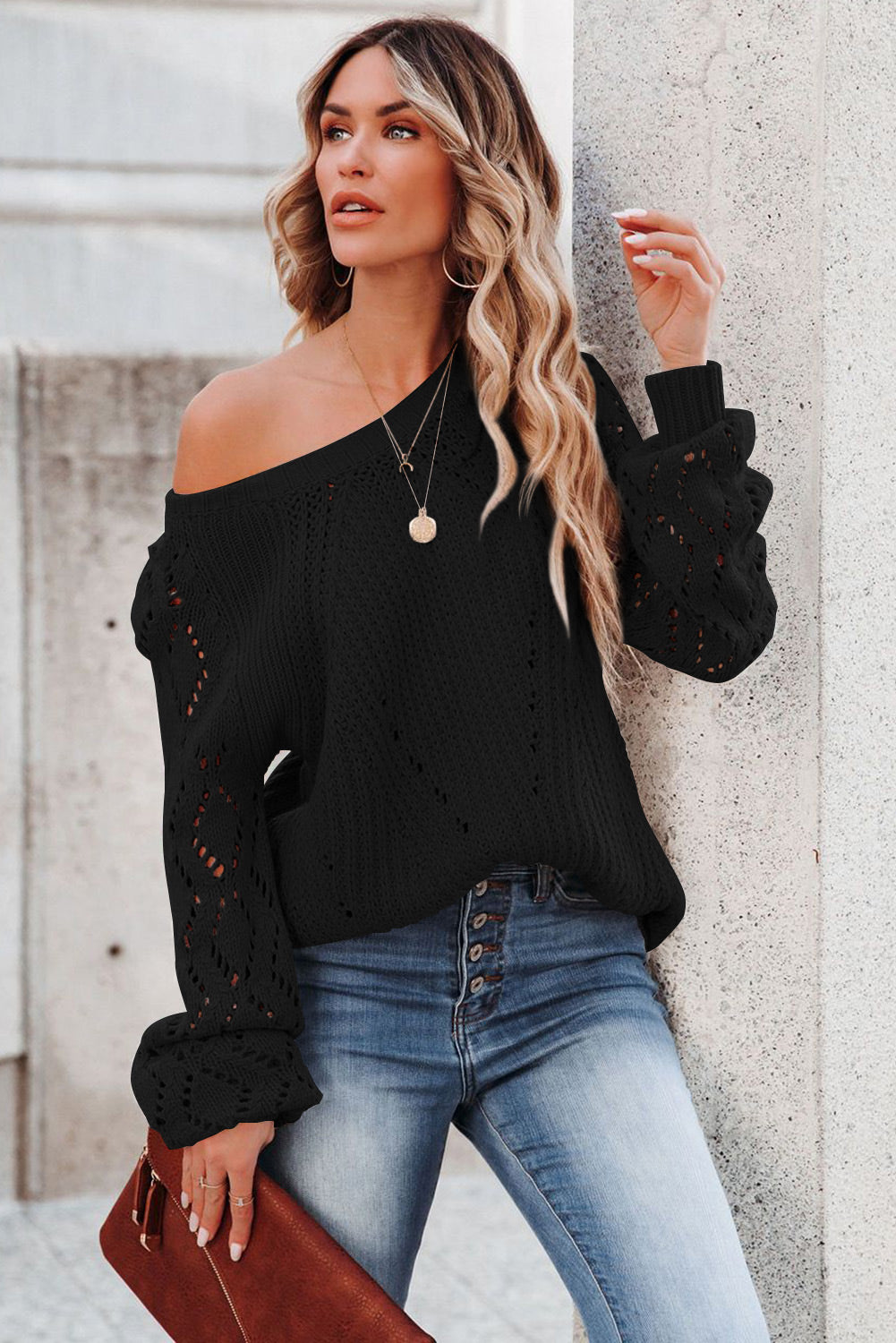 Black Hollow-out Puffy Sleeve Knit Sweater