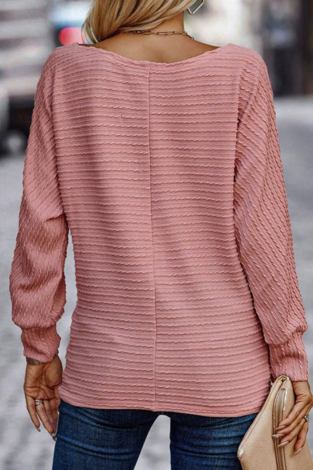 Dusty Pink Textured Knit Long Sleeve Knit Top
