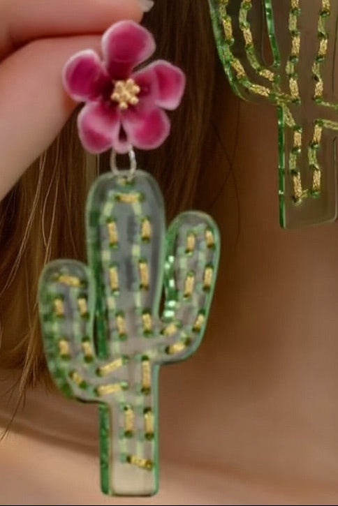 Pink and Green Cactus Drop Earrings