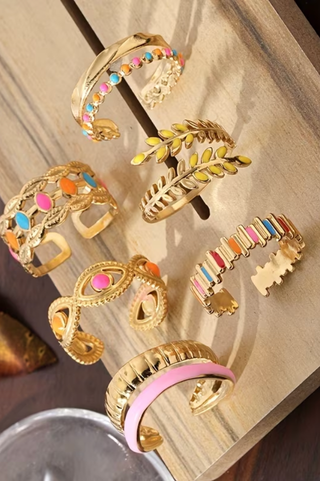 Colorful Stainless Steel Adjustable 6 Piece Ring Set