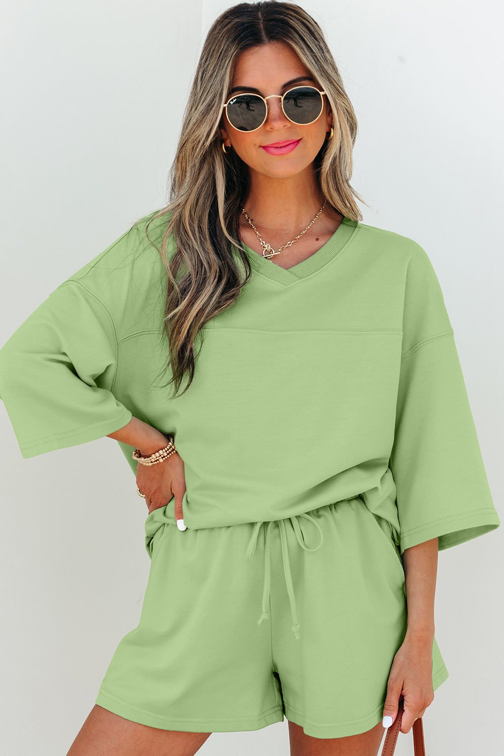 Bonbon Solid Loose V Neck Half Sleeve Tee and Shorts