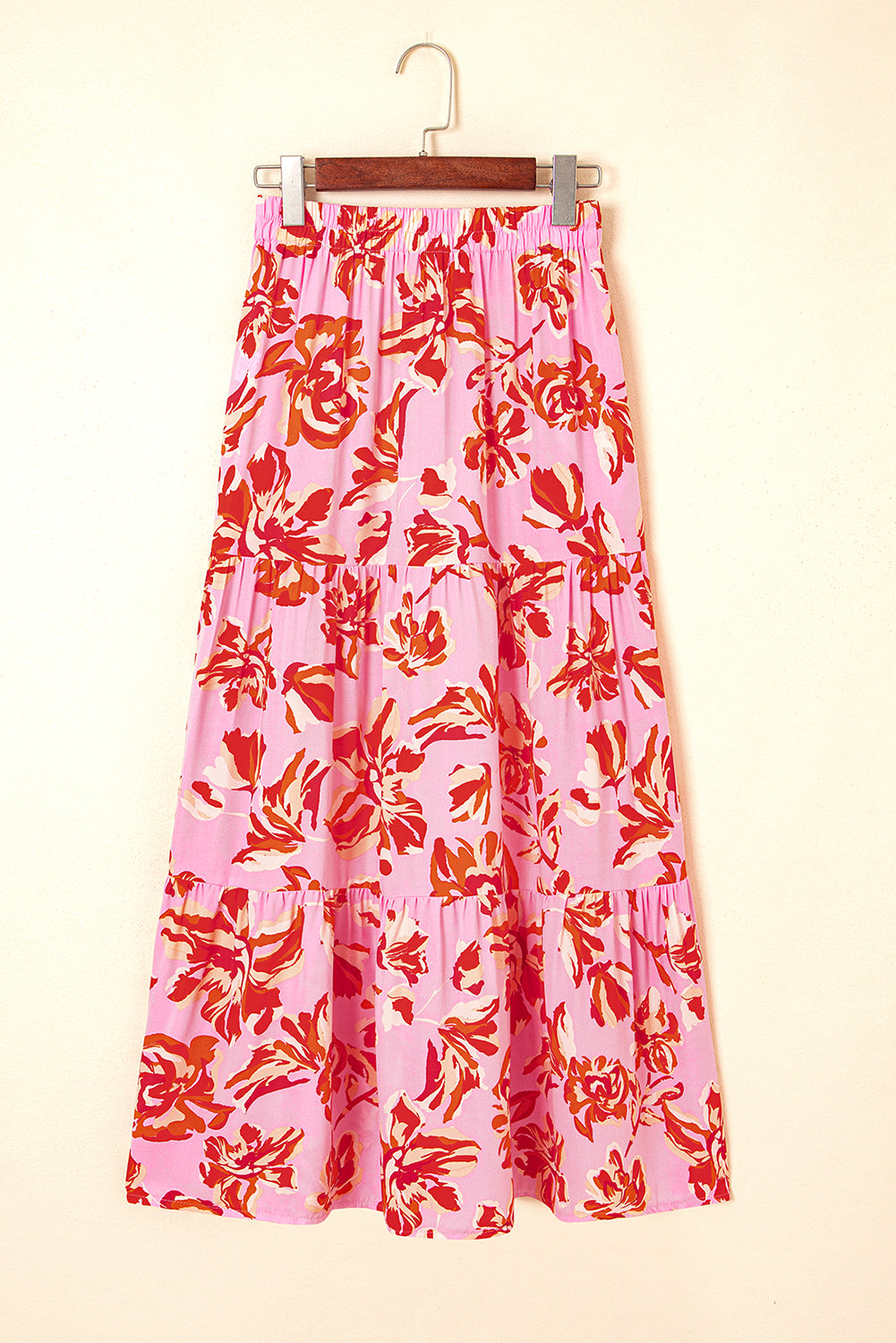 Pink Bohemian Floral Print Tiered Maxi Skirt with Split 2 Colors