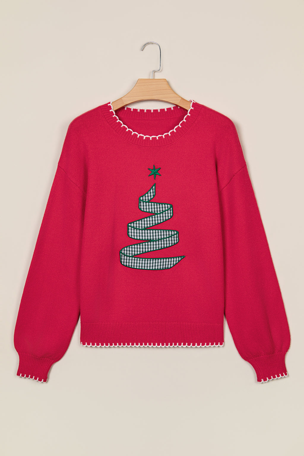 Racing Red Stitched Detail Christmas Tree Holiday Casual Sweater