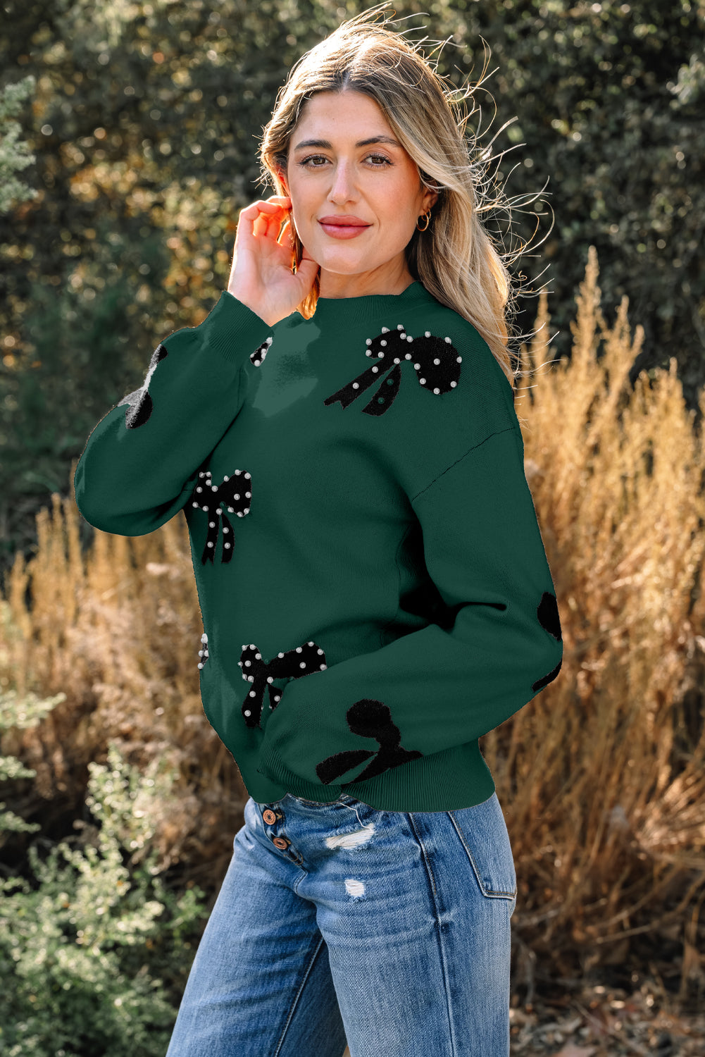 Blackish Green Pearl Embellished Bow Pattern Loose Sweater 3 colors