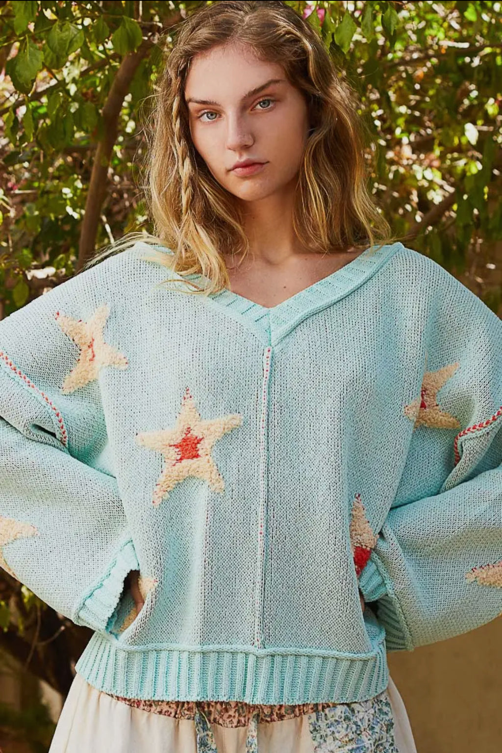 POL Star Berber Patch Paradise Mint V Neck Long Sleeve Sweater