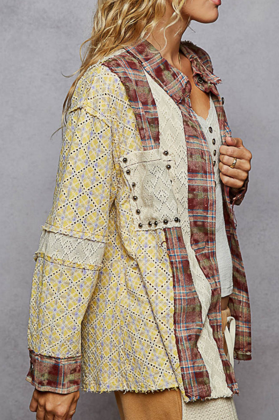 POL Red Brick Mixed Print Oversized Button Down Shirt