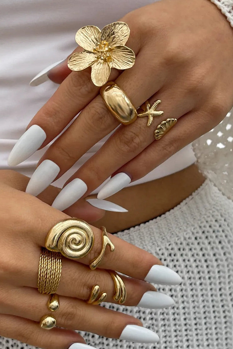 8 Piece Mod Sky Gold Tone Starfish Adjustable Ring Set