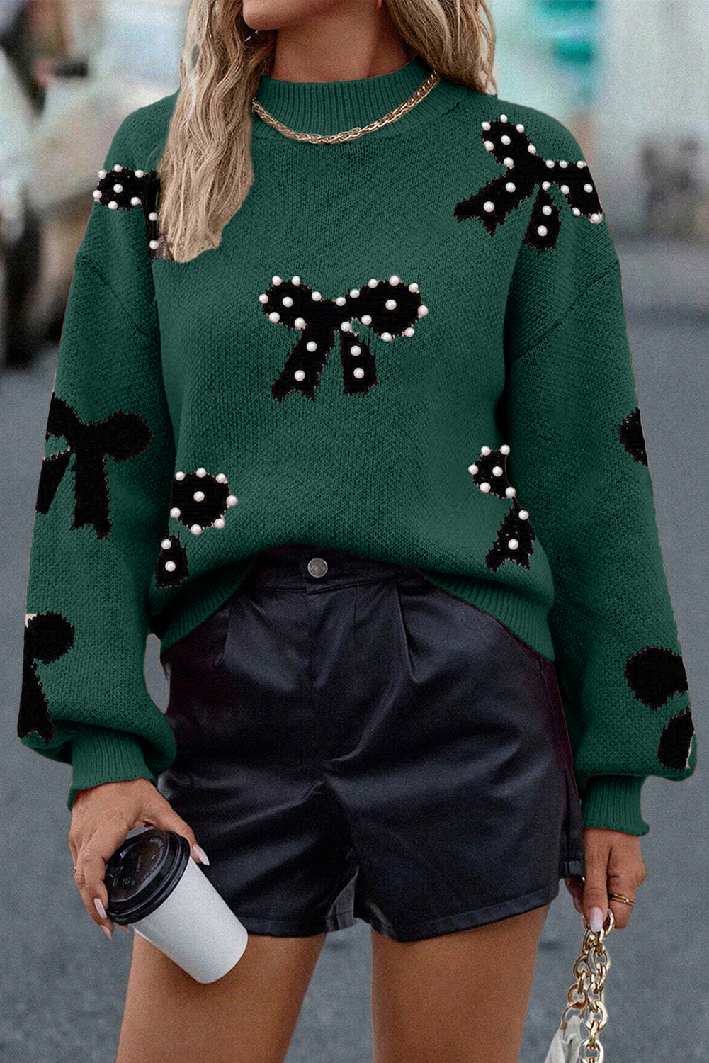 Blackish Green Pearl Embellished Bow Pattern Loose Sweater 3 colors