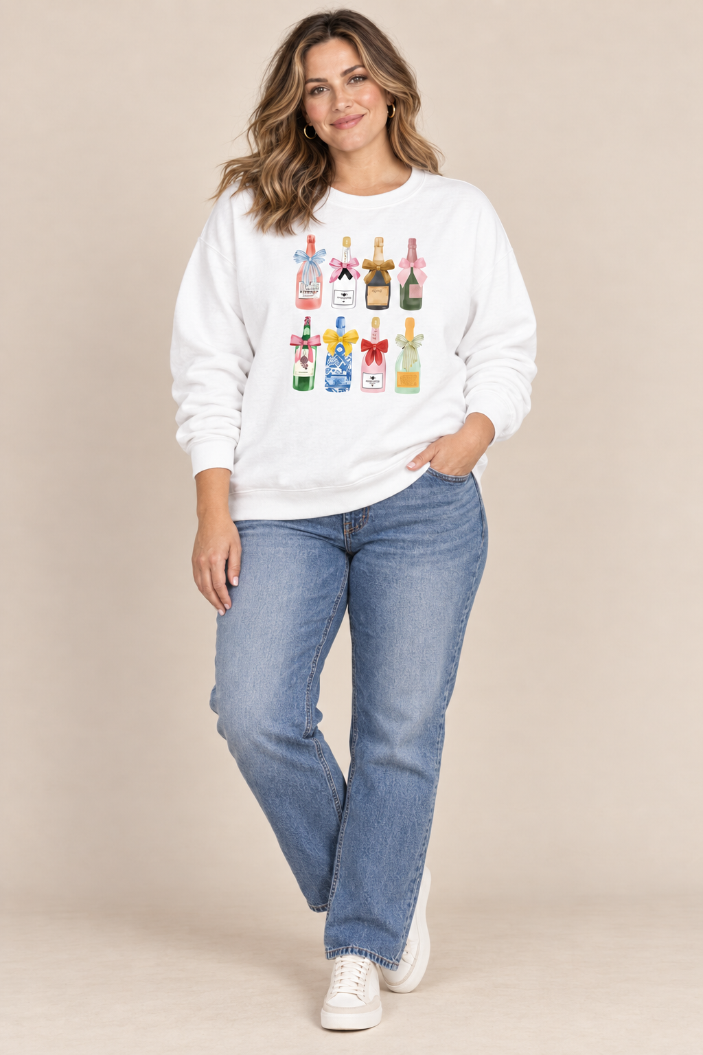 Colorful Champagne Bottle Print White Sweatshirt Plus Size