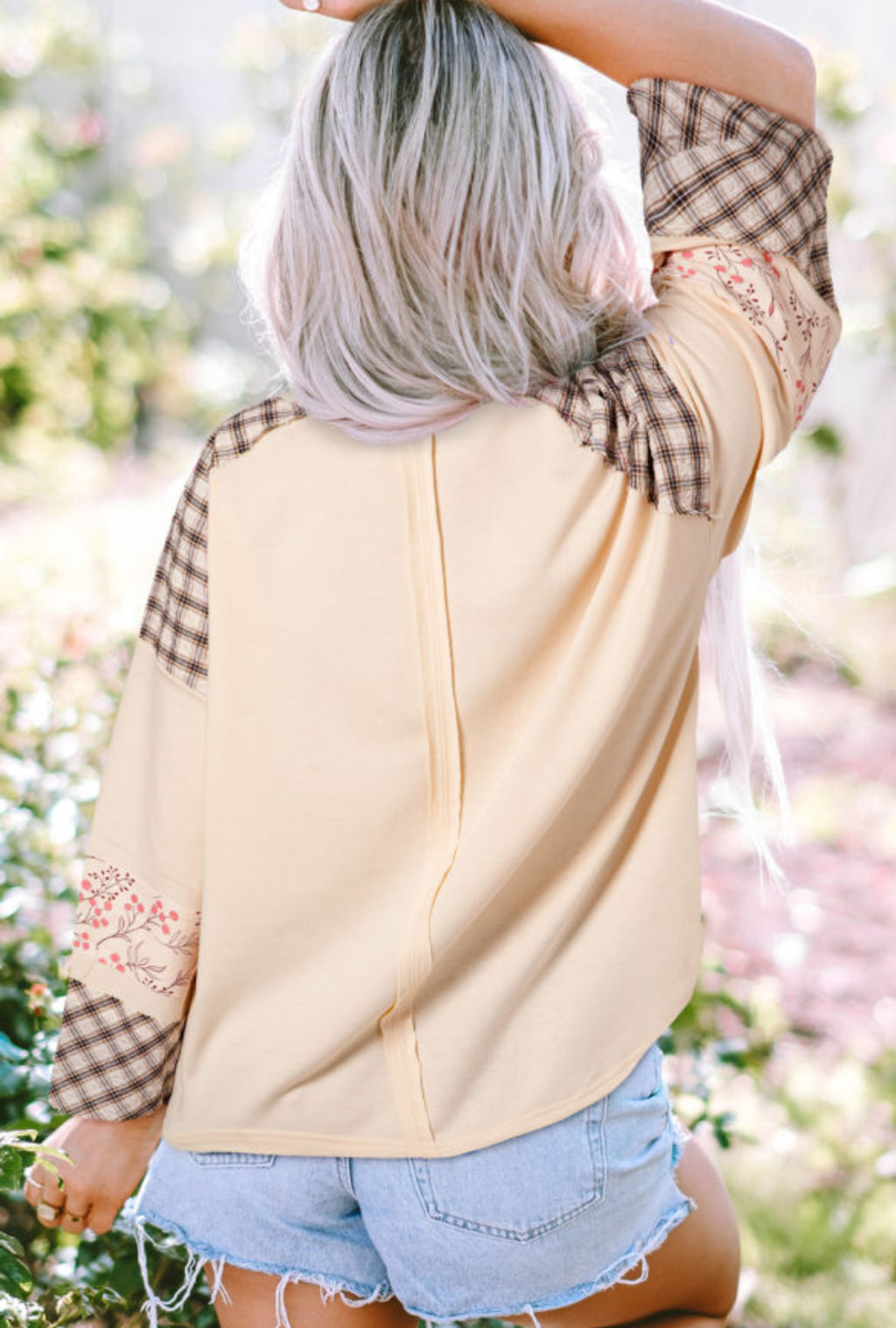 Beige Plaid Floral Peace Heart Graphic Wide Long Sleeve Top