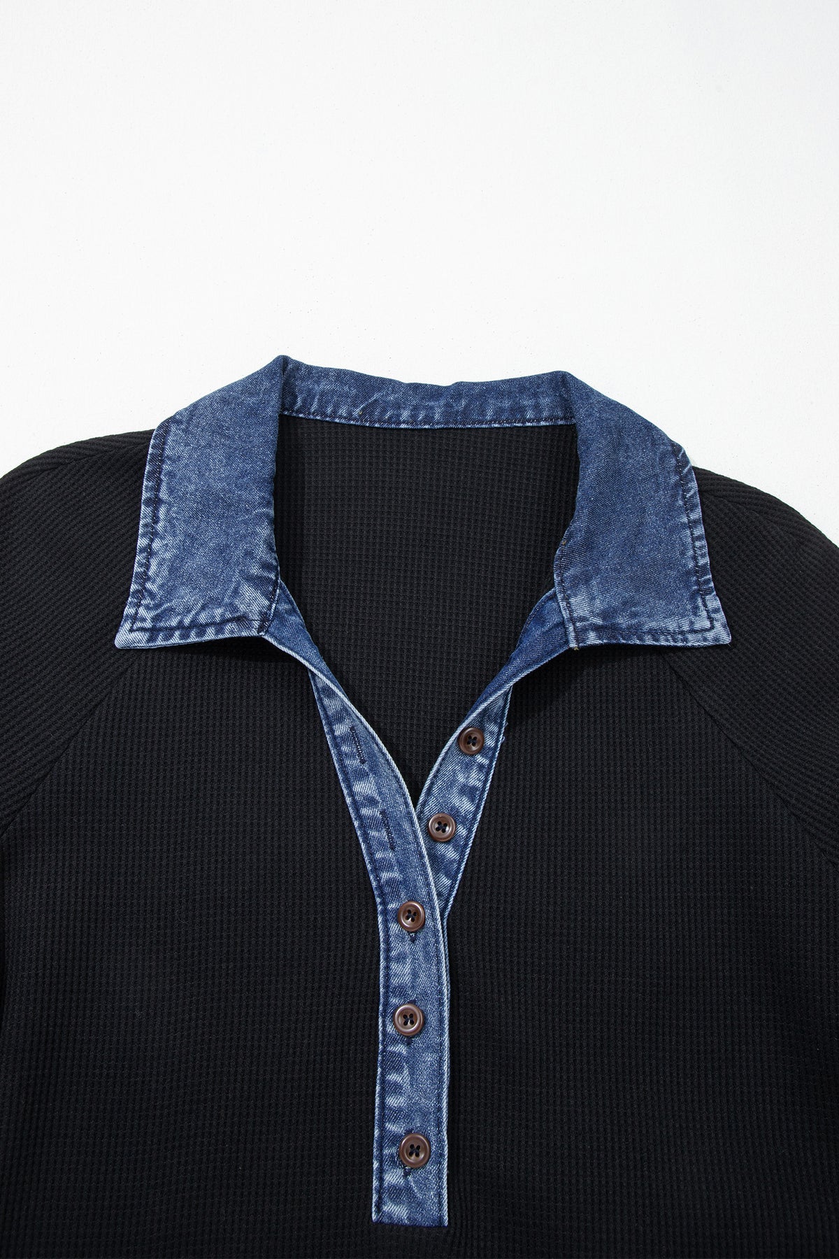 Black Waffle Knit Denim Contrast Trim Patchwork Button Polo Collar Top