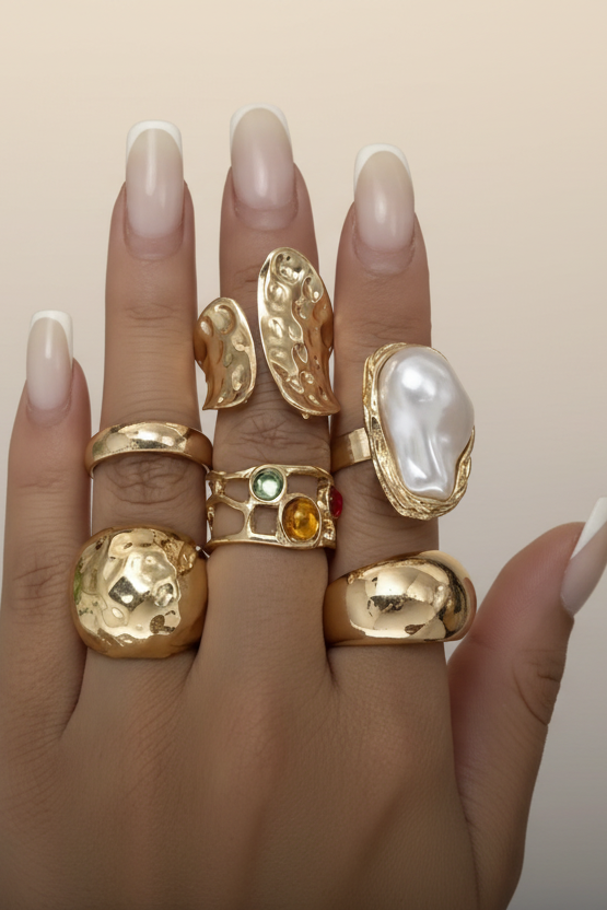 Boho Stacking Pearl Multi Colored Stone Gold 6 piece Ring Set