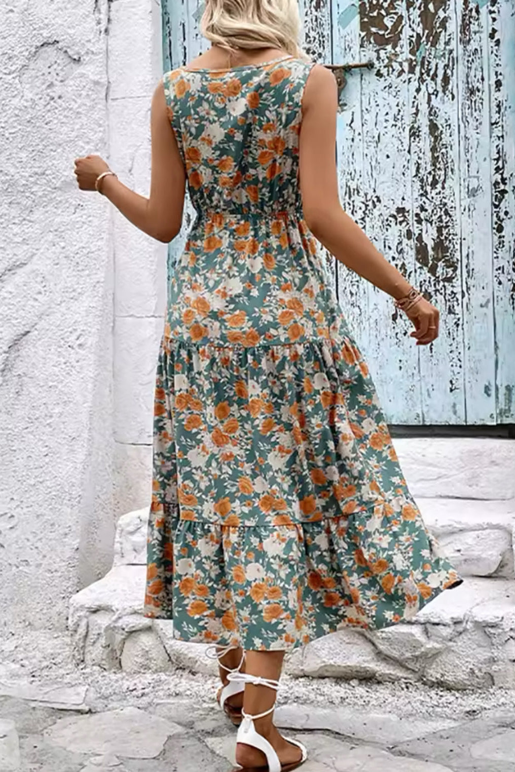Dusty Green Floral Print V Neck Tie Waist Sleeves Maxi Dress
