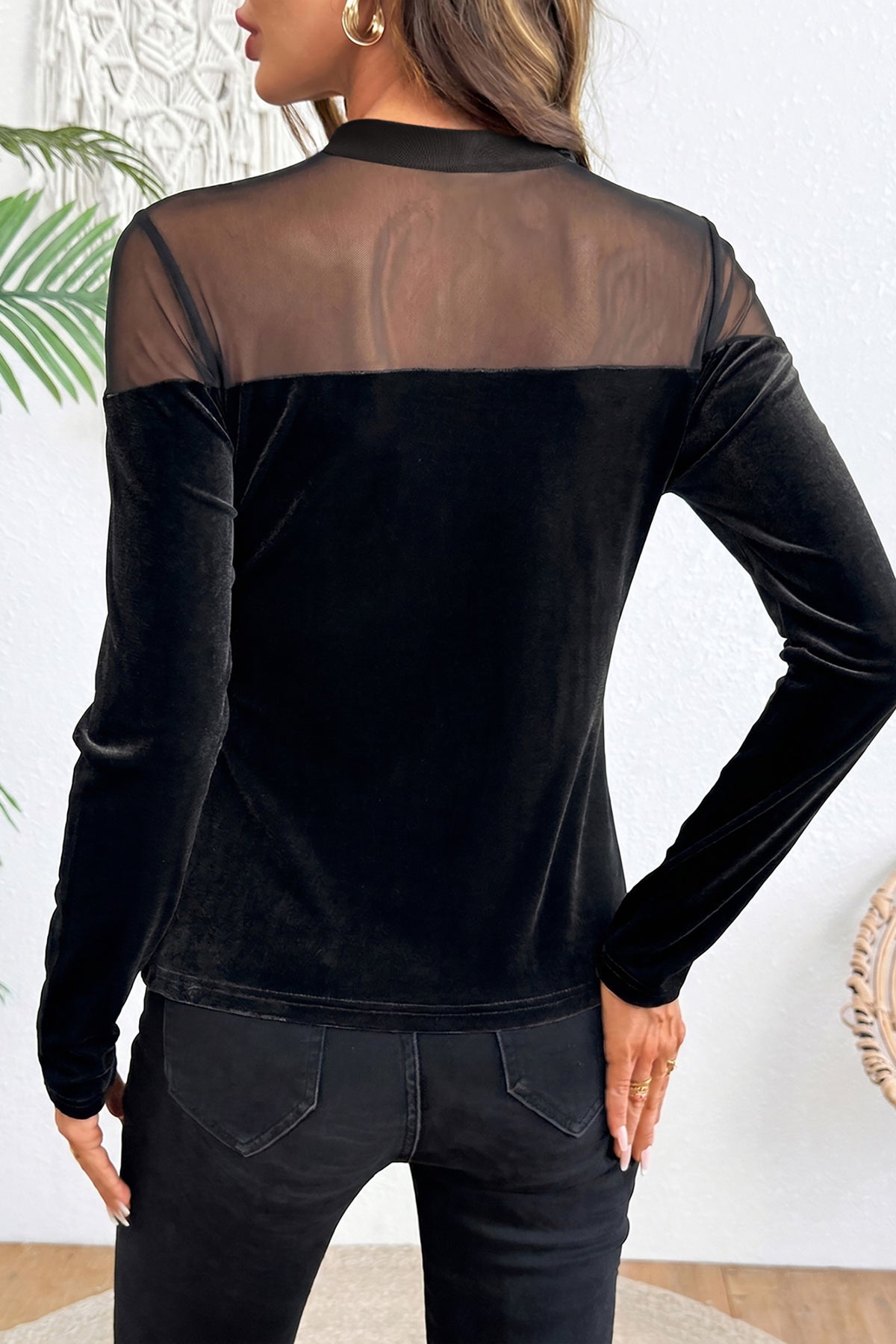 Navy Blue Velvet Long Sleeve Sheer Neck Patchwork Casual Pullover Top