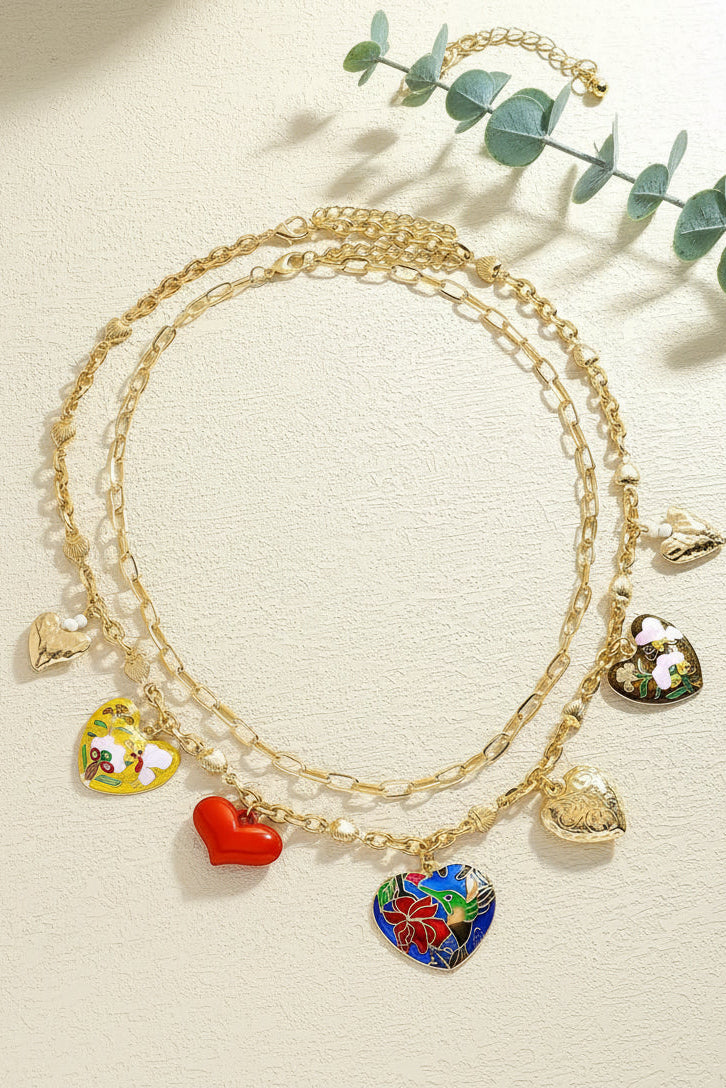 Mod Sky Vintage Style Double Strand Gold Heart Charm Necklace