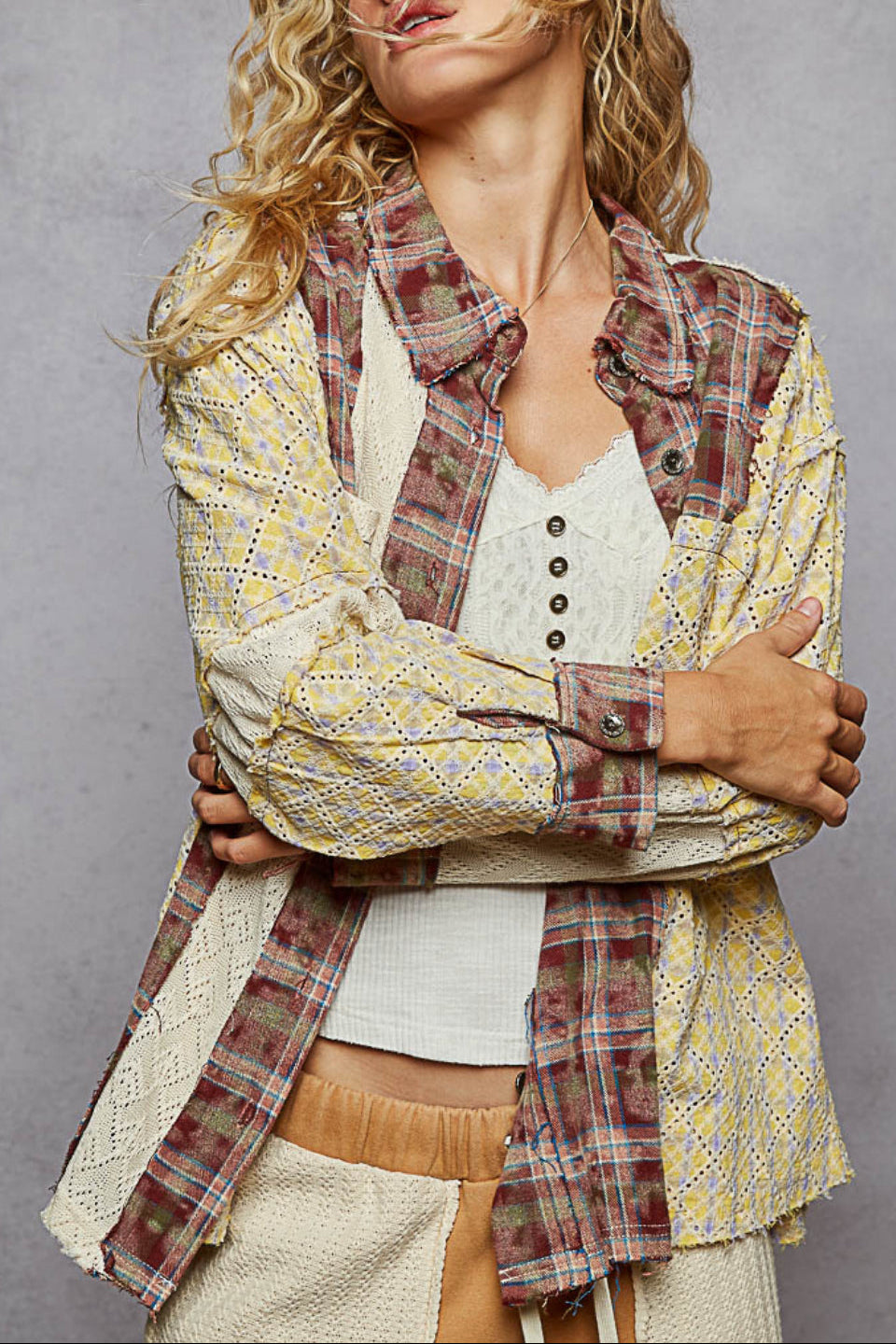 POL Red Brick Mixed Print Oversized Button Down Shirt