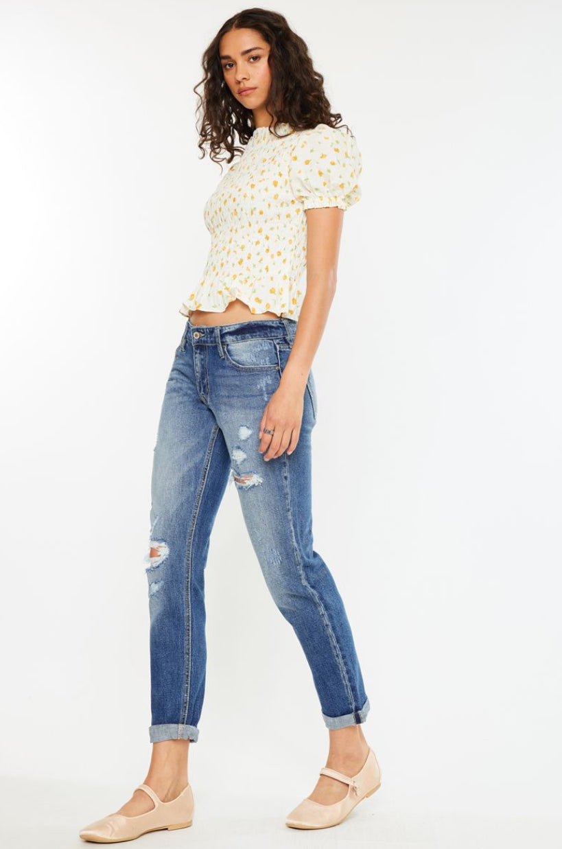 Kan Can Aries Mid Rise Slim Boyfriend Fit Medium Wash Ultra-Comfortable Jeans