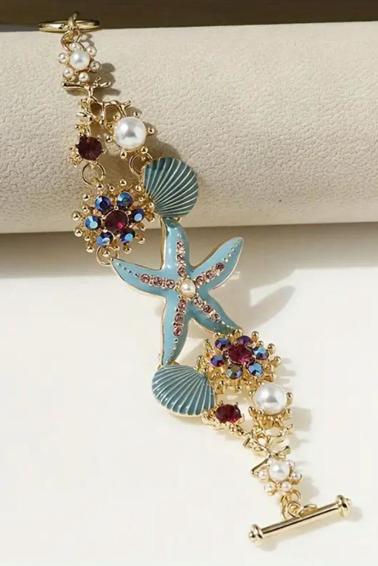 Mod Sky Pink or Blue Starfish and Seashell Gold Bracelet