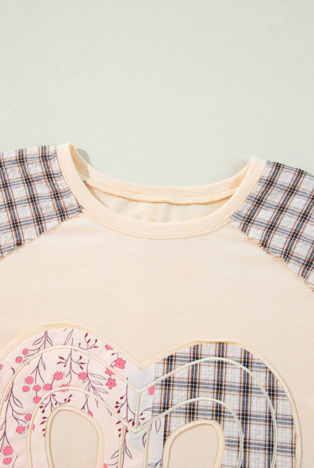 Beige Plaid Floral Peace Heart Graphic Wide Long Sleeve Top