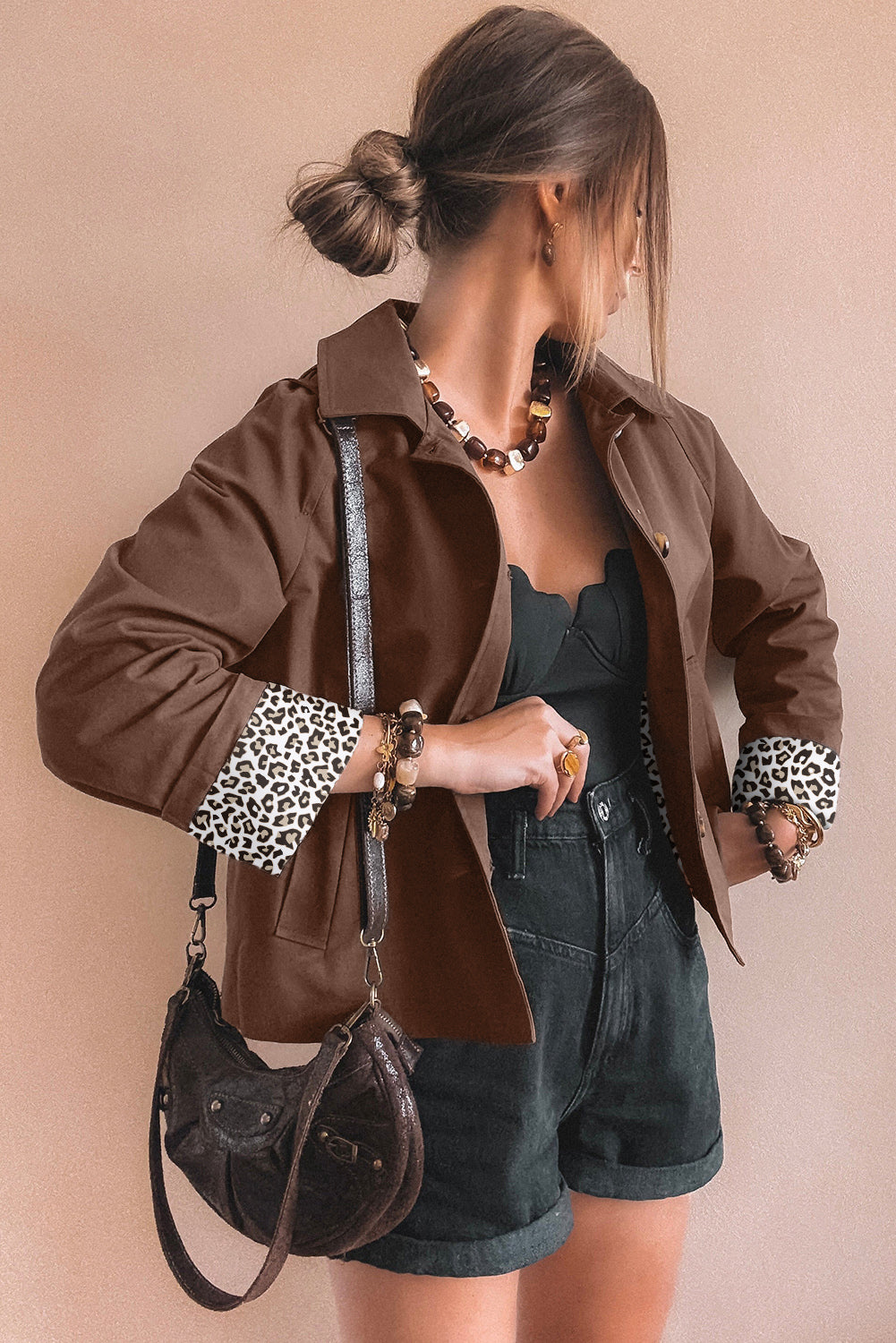 Dark Brown Collared Buttoned Leopard Liner Patchwork Chic Jacket