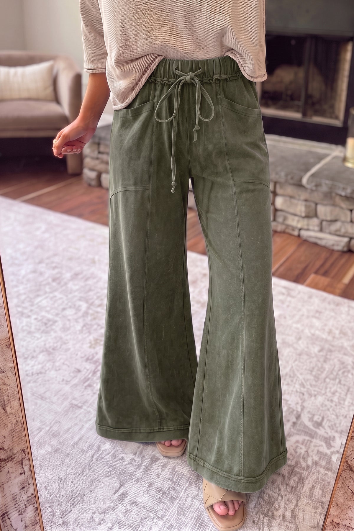Coffee Mineral Wash Seam Detail Flare Leg Drawstring Pants
