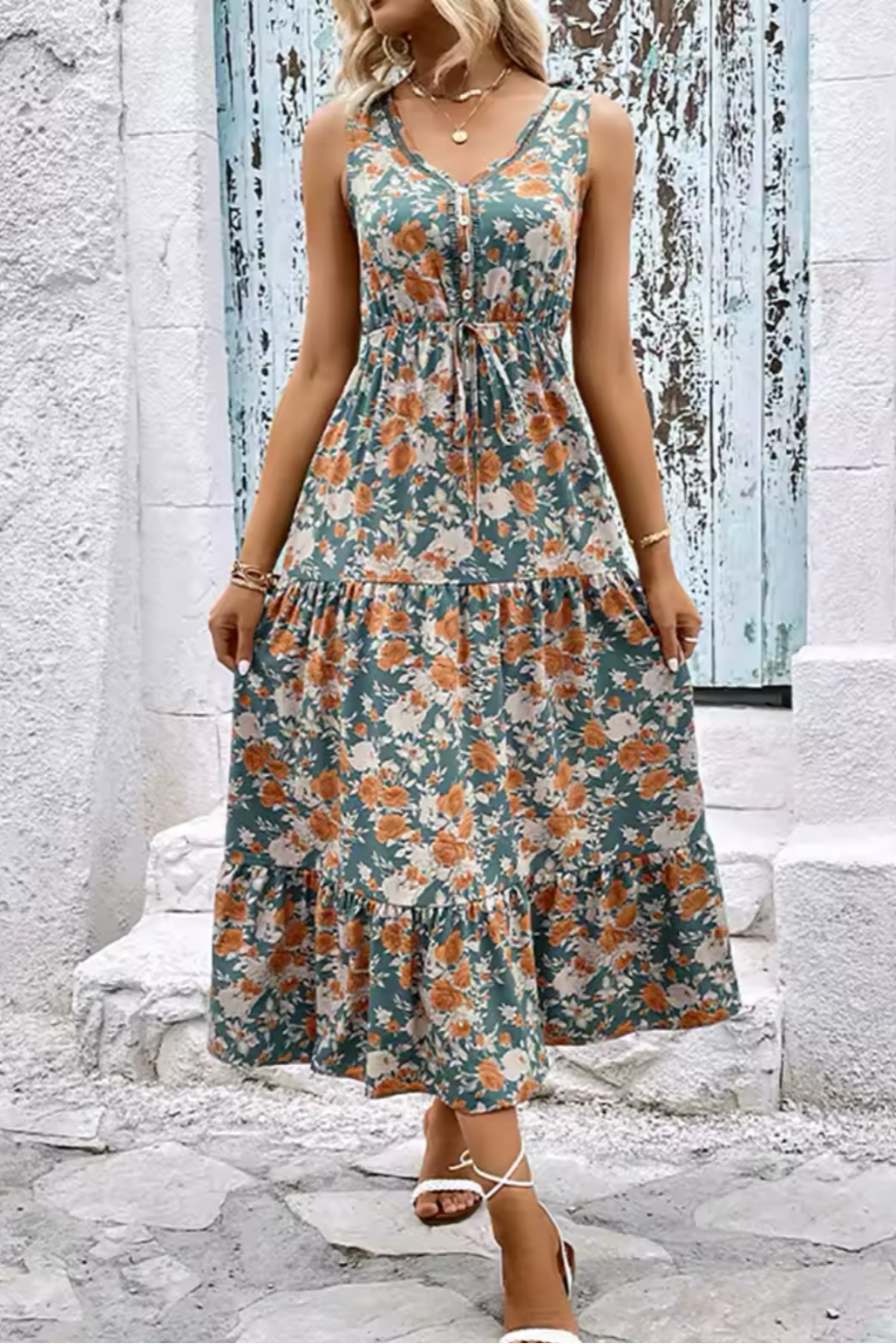 Dusty Green Floral Print V Neck Tie Waist Sleeves Maxi Dress