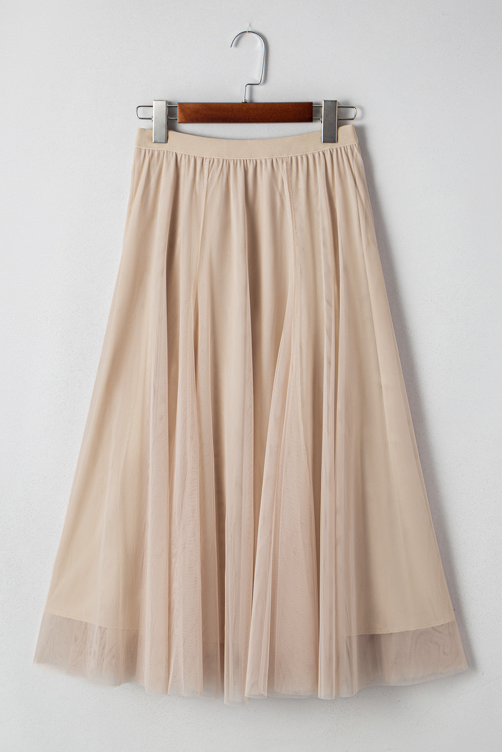 Apricot Tulle Mesh Overlay Flared Midi Skirt