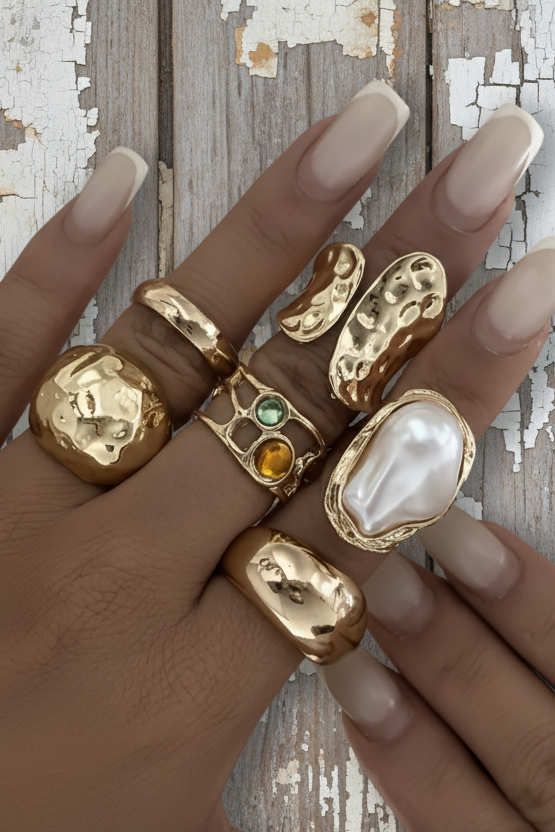Boho Stacking Pearl Multi Colored Stone Gold 6 piece Ring Set