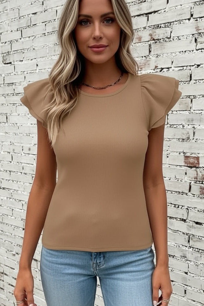 Khaki Layered Ruffle Short Sleeve Top