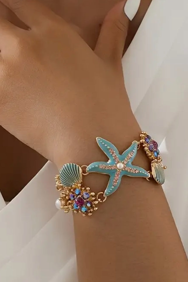 Mod Sky Pink or Blue Starfish and Seashell Gold Bracelet