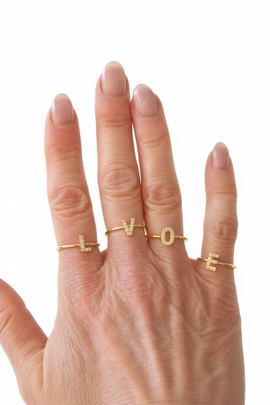 Letter Initial Micro Zirconia Gold Adjustable Ring
