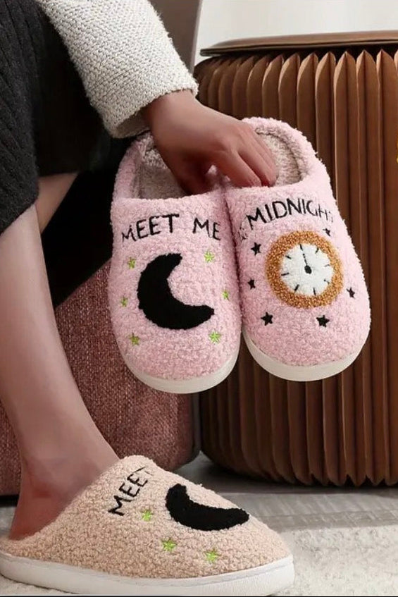 Meet Me at Midnight Clock & Moon Plush Women's Slippers