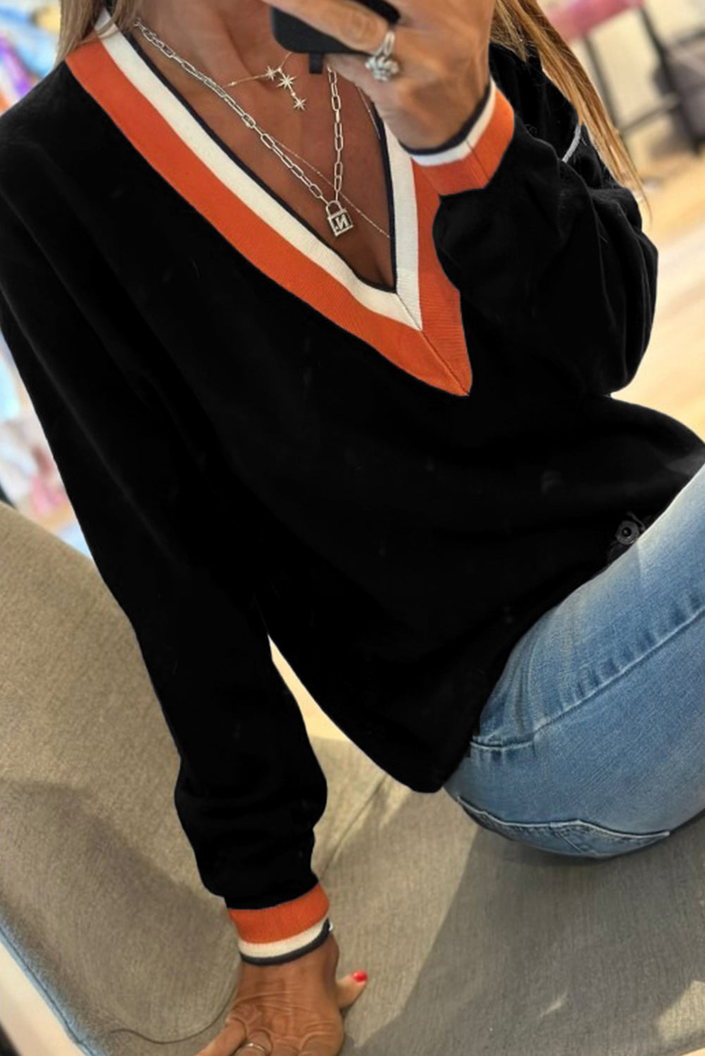 Contrast Striped Trim V Neck Varsity Sweater 3 Colors