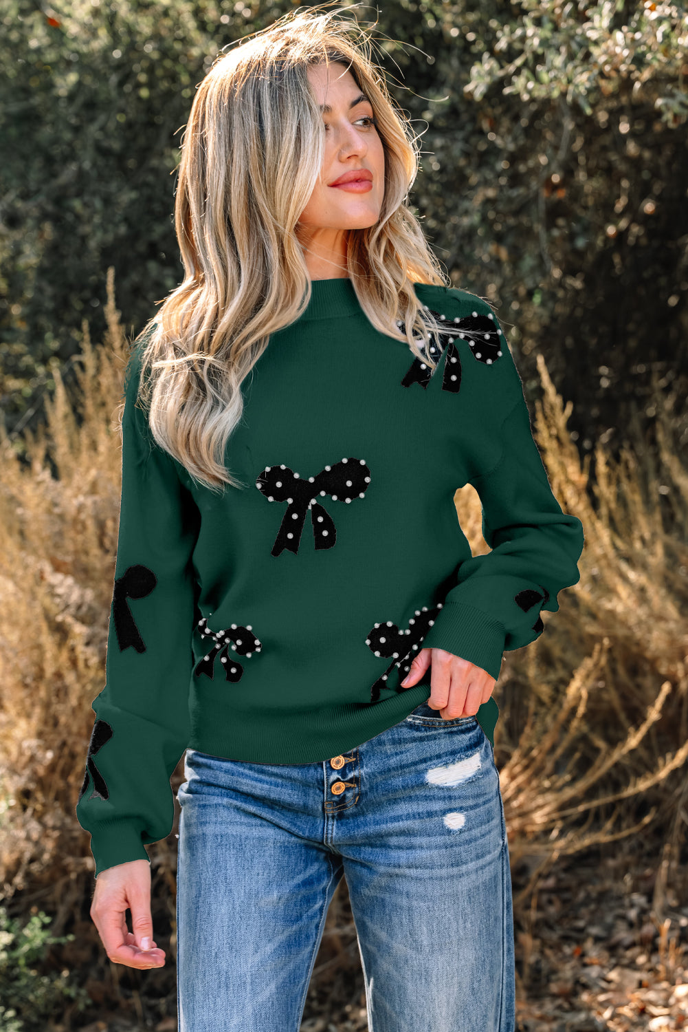 Blackish Green Pearl Embellished Bow Pattern Loose Sweater 3 colors
