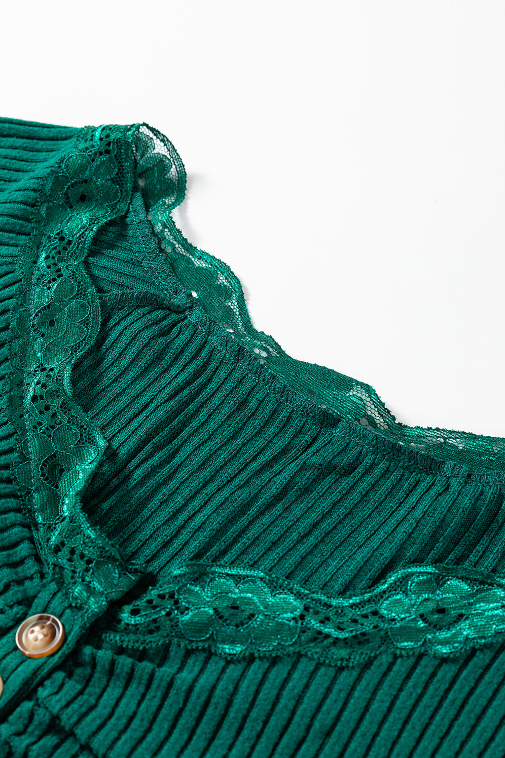 Beige Lace Neckline Button Decor Lettuce Edge Long Sleeve Ribbed Top