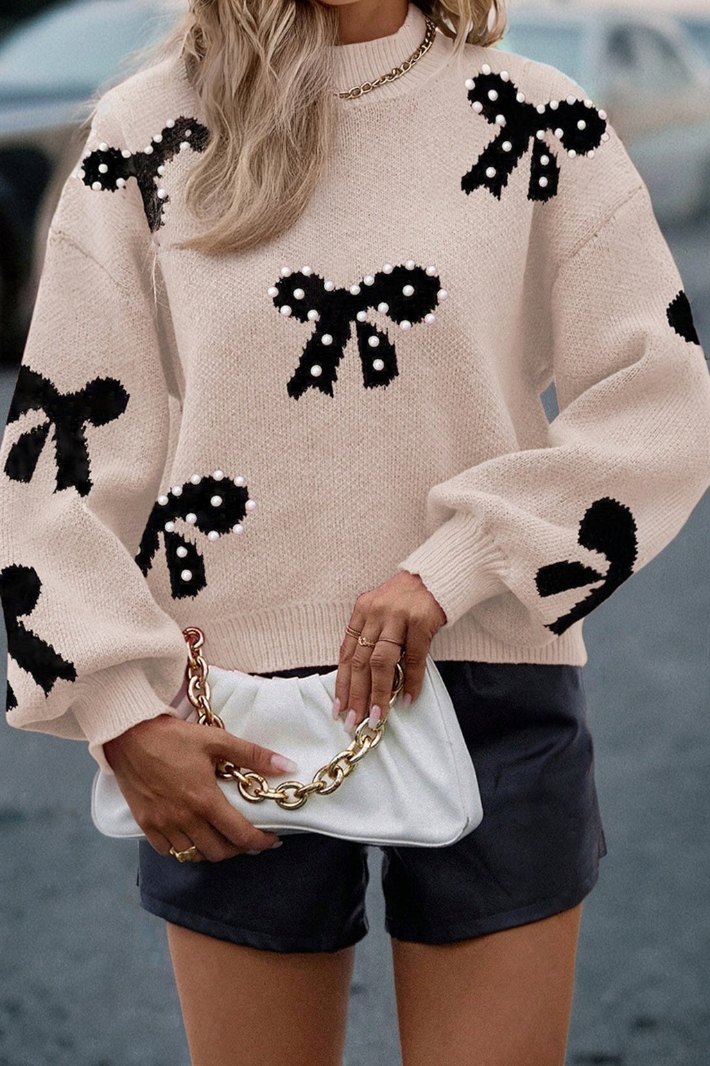 Blackish Green Pearl Embellished Bow Pattern Loose Sweater 3 colors