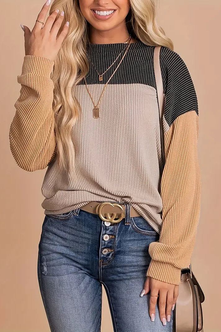 Long Sleeve Black & Beige Color Blocked Crewneck Knitted Top