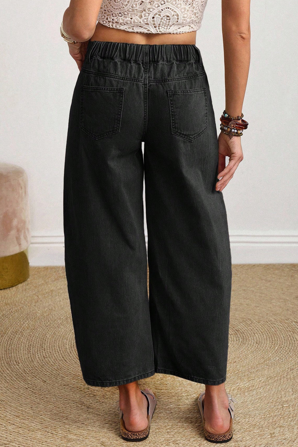 Coffee Solid Color Square Patch Pocket Ankle-length Barrel Jeans