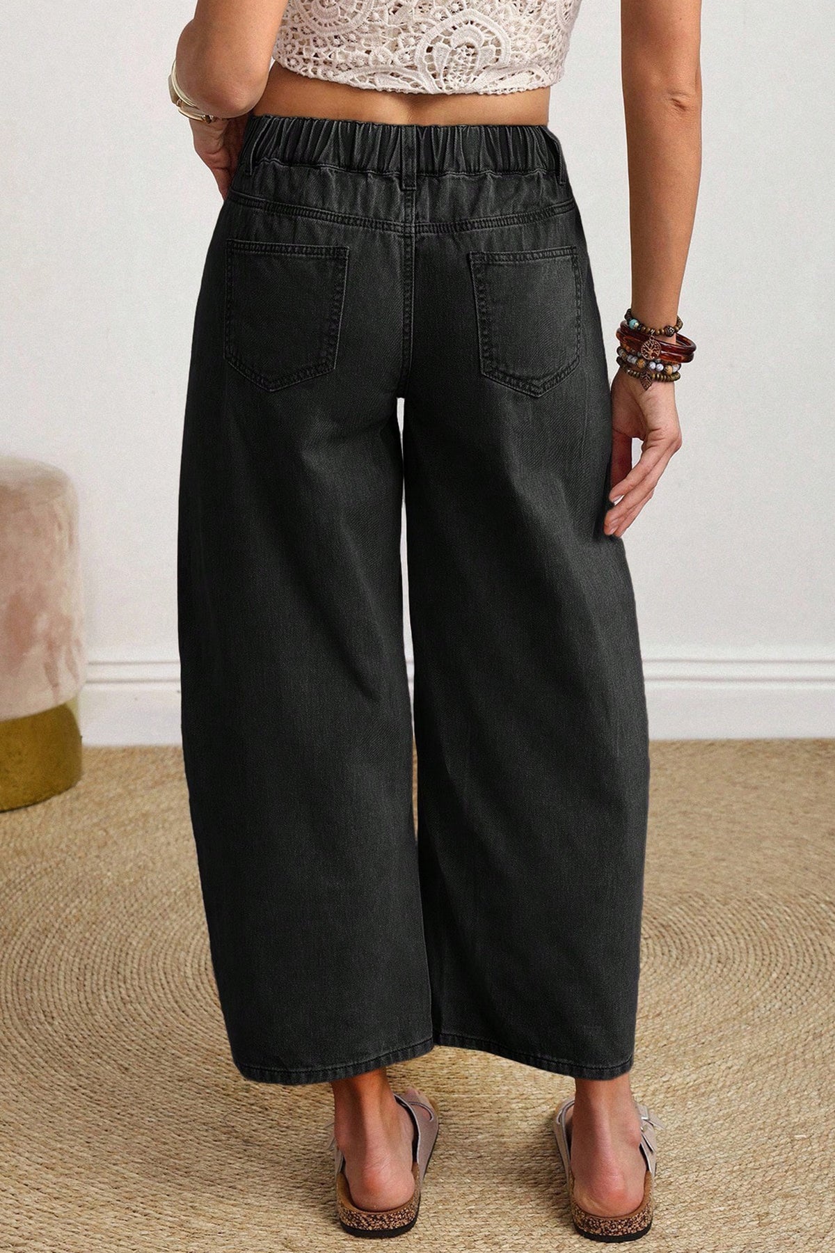 Coffee Solid Color Square Patch Pocket Ankle-length Barrel Jeans