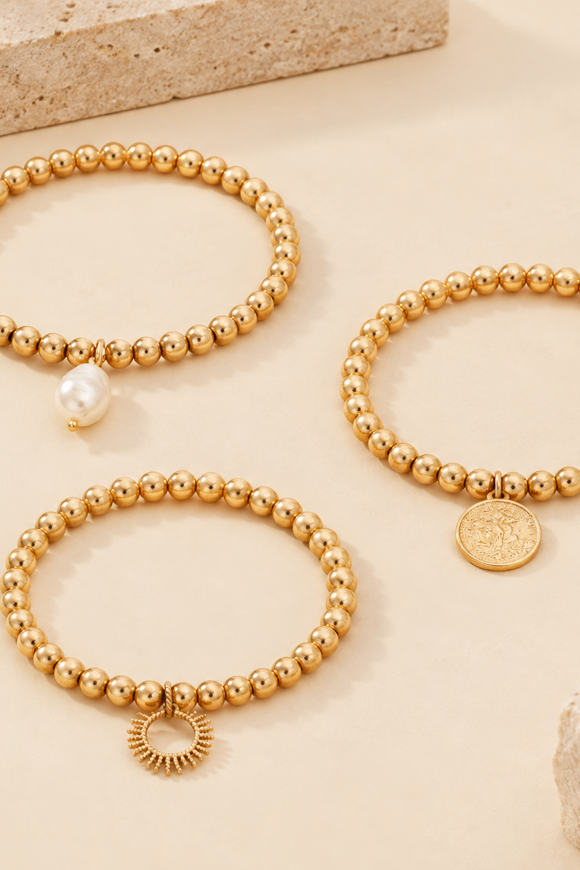 Coin, Faux Pearl & Sun Gold Charm Beaded Bracelet